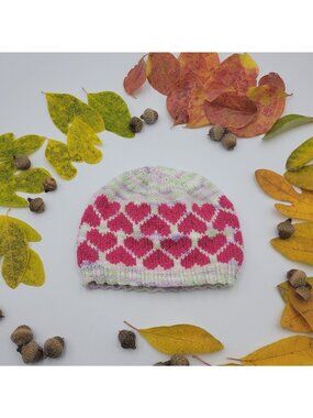 Hand Knit Handmade Hat Toddler 12m - 2T Girl Beanie Pink Hearts KT014